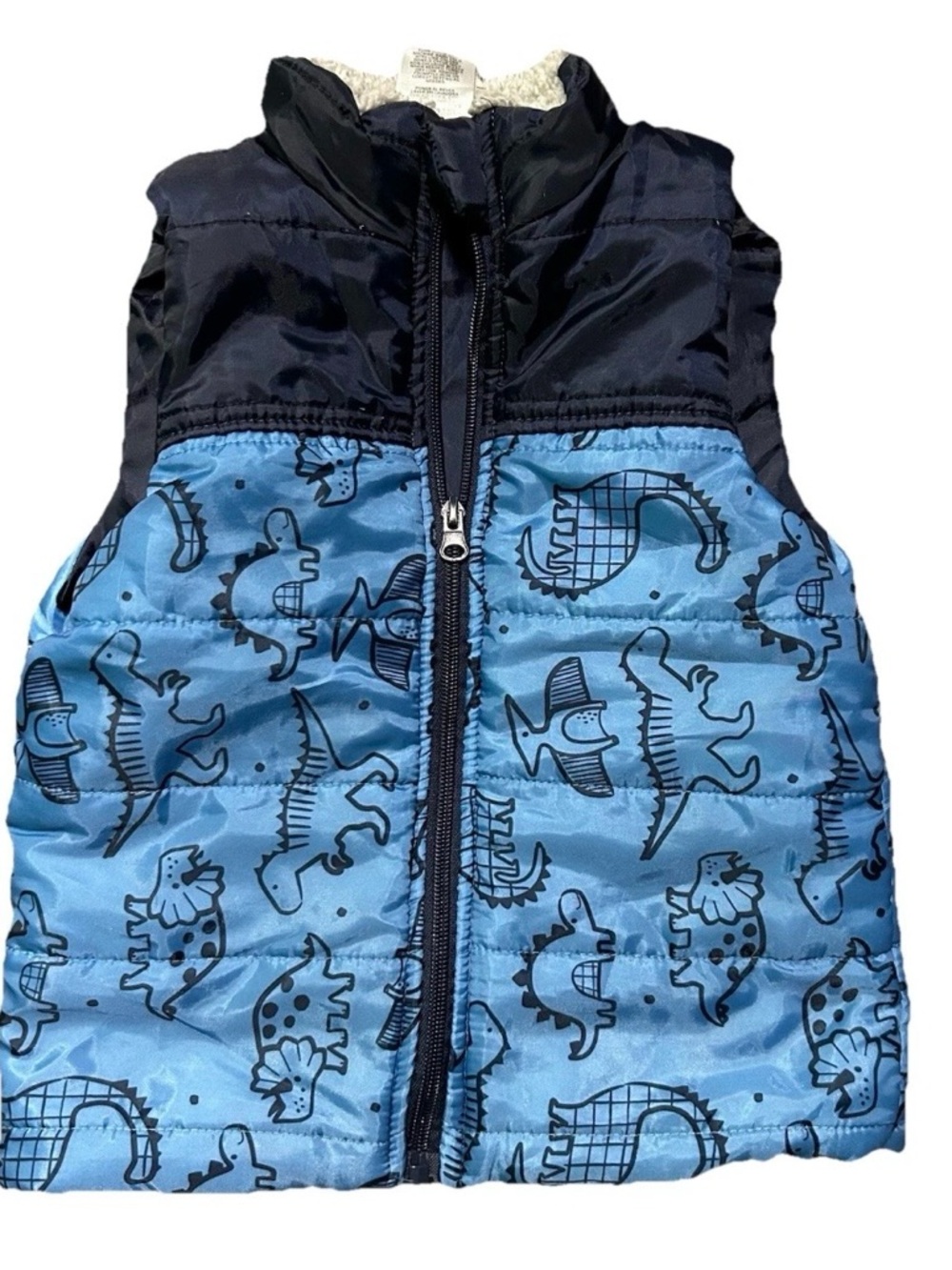 Toddler Boy Max & Marcus Two Tone Blue Winter Puffer Vest Dinosaurs Size 4T - Picture 1 of 4